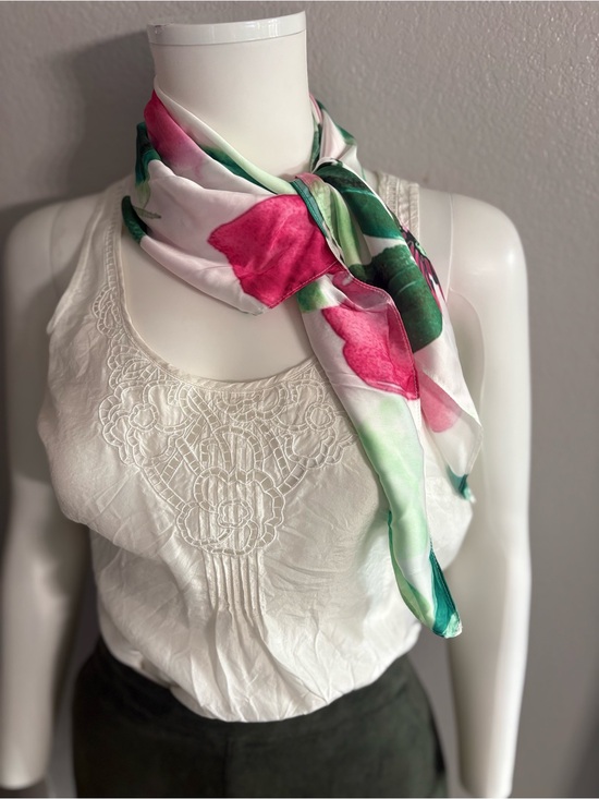 Accessories - Floral Pink & Green Silk-Feel Neck Scarf